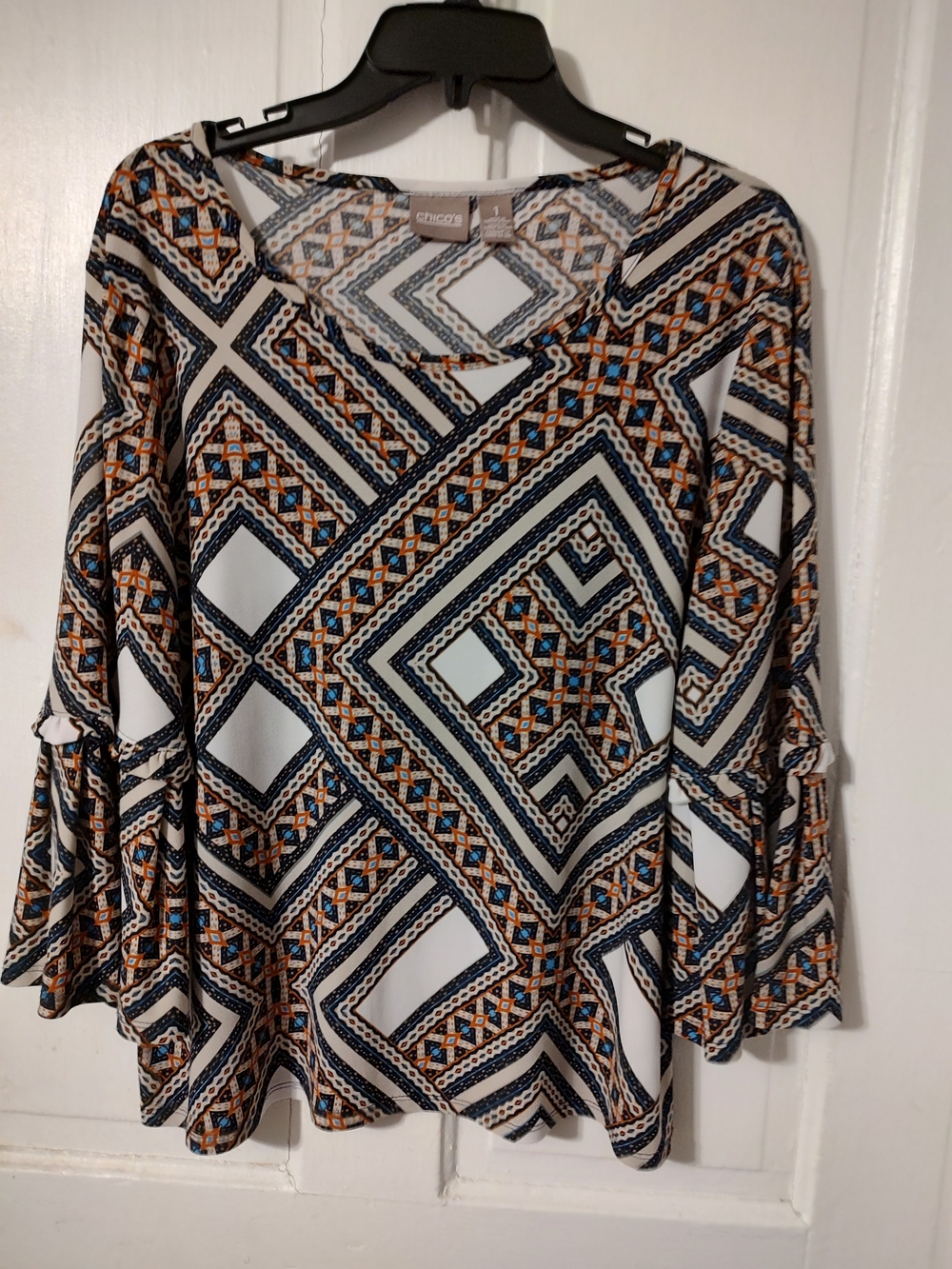 Chico's Geometric Print Bell-Sleeve Top in White and Navy